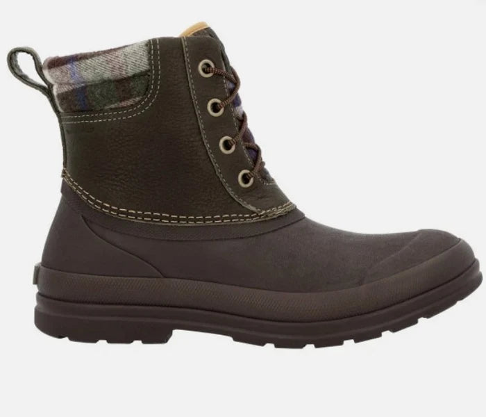 Muck men's Originals leather duck lace boot in dark olive and dark brown with plaid wool collar, outer side view