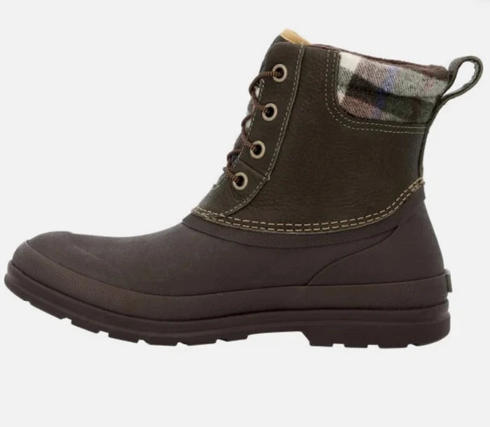 Muck men's Originals duck lace boot, inner side view showing dark olive leather and dark brown rubber lower