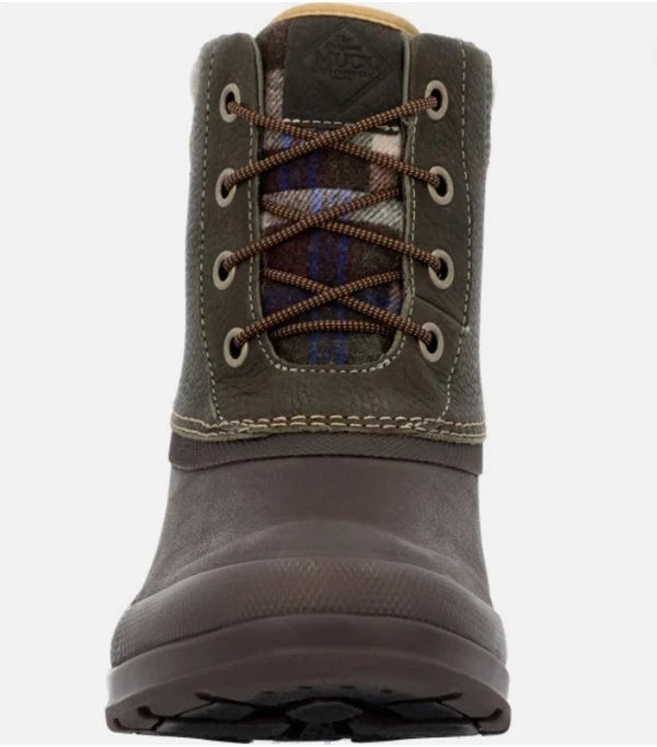 Front view of Muck men's Originals duck boot showing laces, plaid tongue and dark brown rubber toe