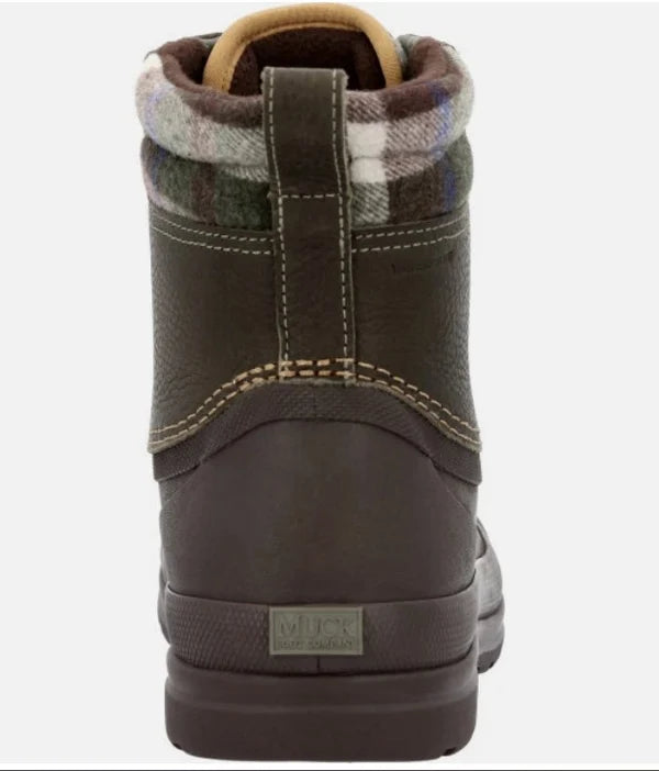 Rear view of Muck men's Originals duck boot showing plaid wool collar, pull loop and heel logo