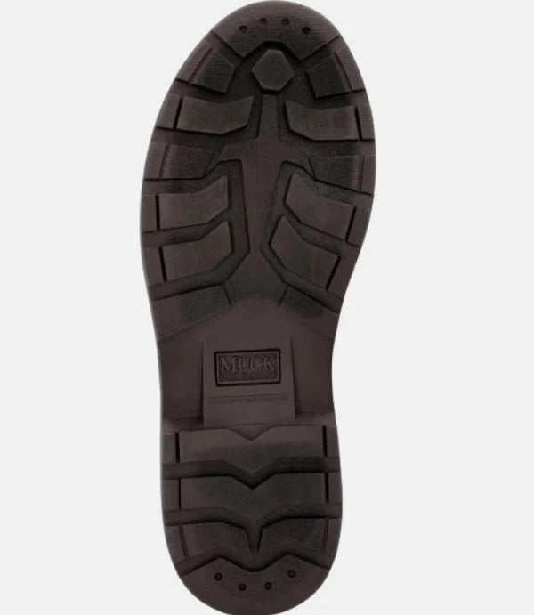 Dark brown rubber lug outsole of a Muck men's Originals duck lace boot, showing tread pattern
