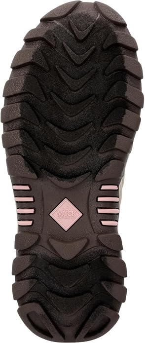 Rugged rubber outsole of a Muck women's Arctic Sport II Tall boot, showing deep tread and pink Muck logo