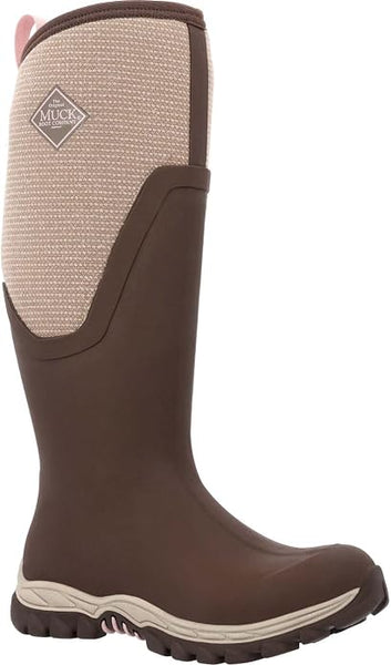 Muck women's Arctic Sport II Tall boot in Chocolate Brown/Walnut Woven, outer side view with Muck logo