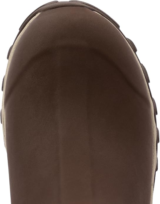 Close-up of the rounded chocolate brown toe on a Muck women's Arctic Sport II Tall boot