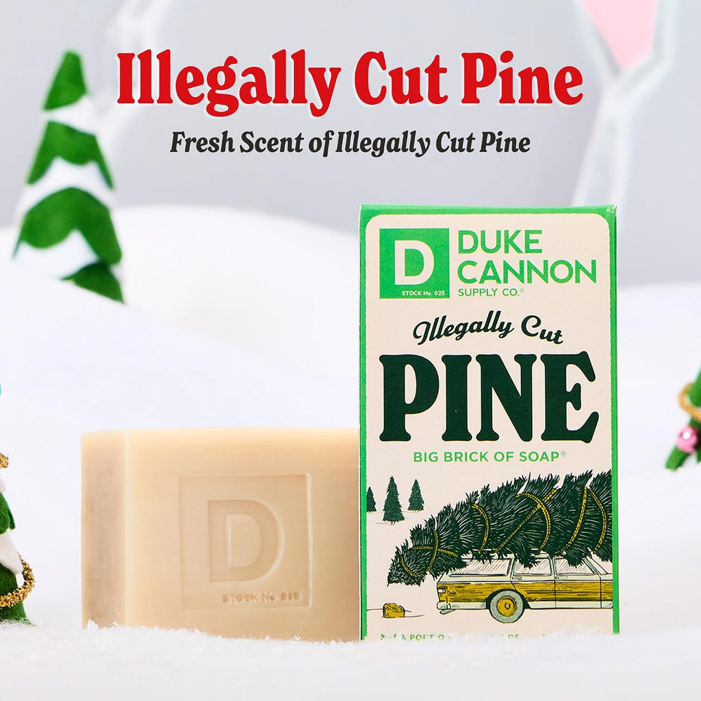 Bar of soap with 'Illegally Cut Pine' packaging and Duke Cannon branding.