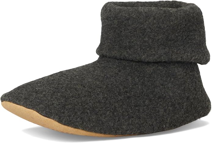 Smartwool Second Cut Fleece Slipper in charcoal, side view with folded ankle cuff and tan sole