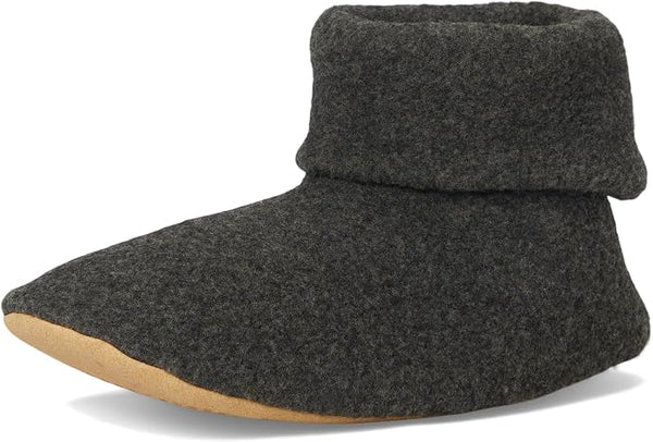 Smartwool Second Cut Fleece Slipper in charcoal, side view with folded ankle cuff and tan sole