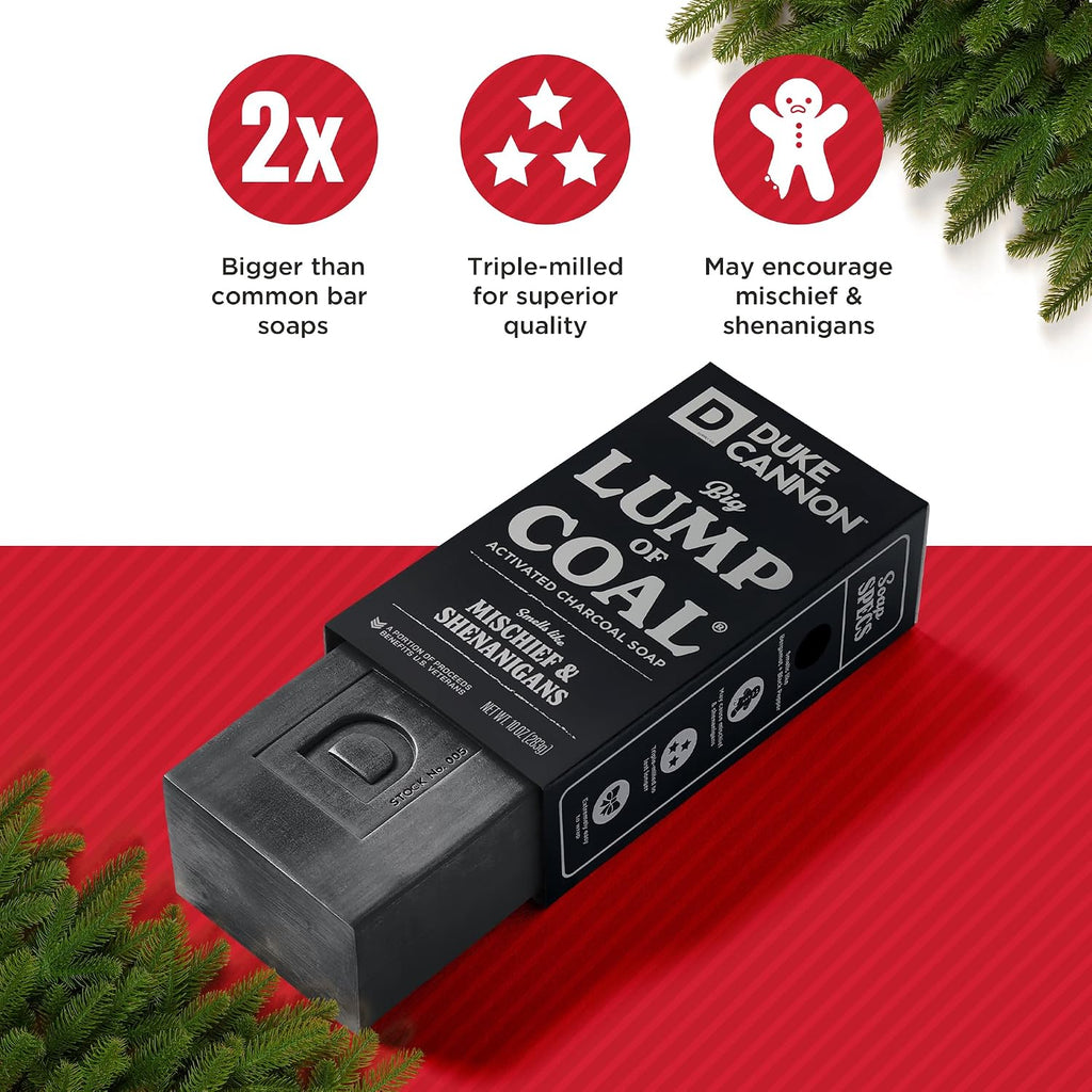 Duke Cannon Big Ass Lump of Coal soap bar with features listed on a red background