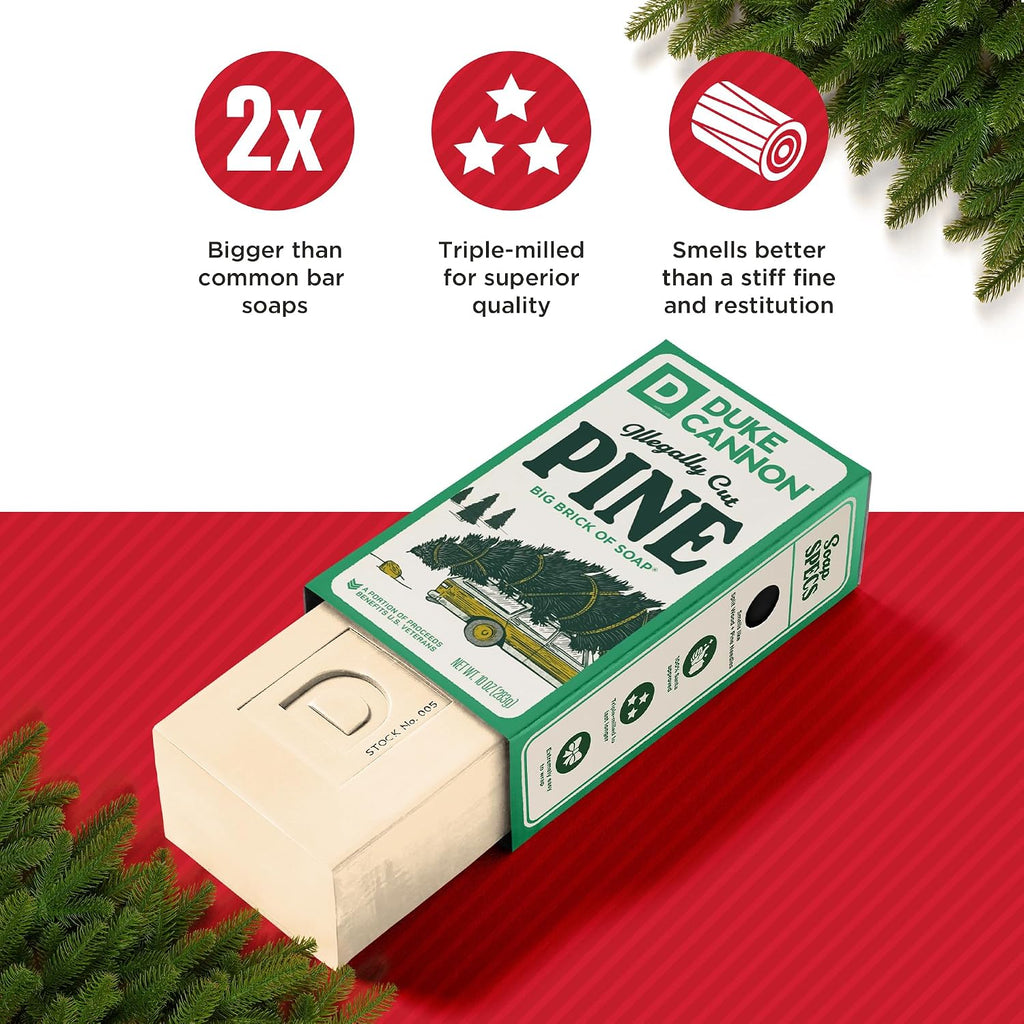 Duke Cannon Illegally Cut Pine soap bar packaging with product features on a red background
