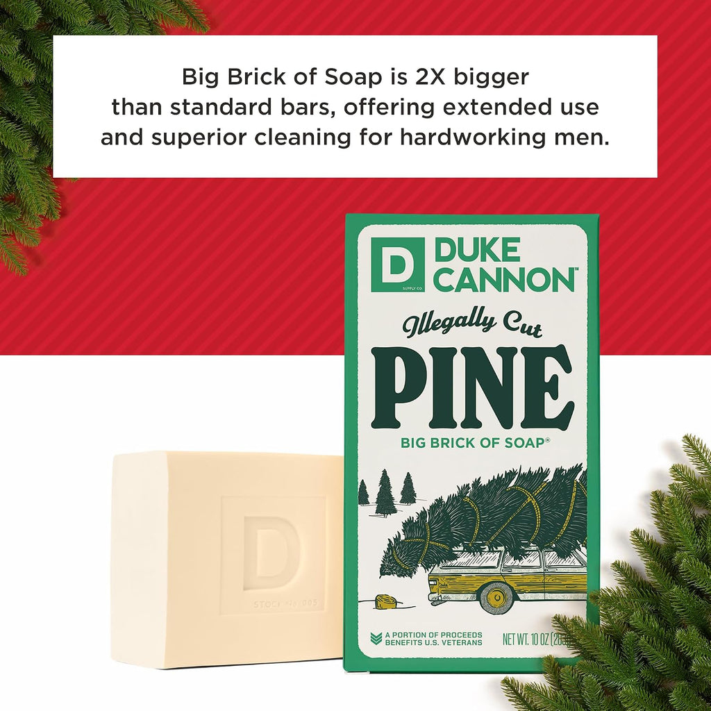 Duke Cannon Illegally Cut Pine soap bar with packaging on a red and white background