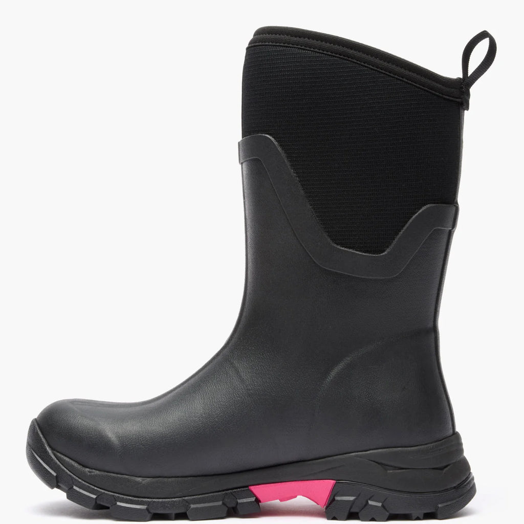 Muck women's Arctic Ice Mid boot in Black/Pink, inner side view with rear pull tab