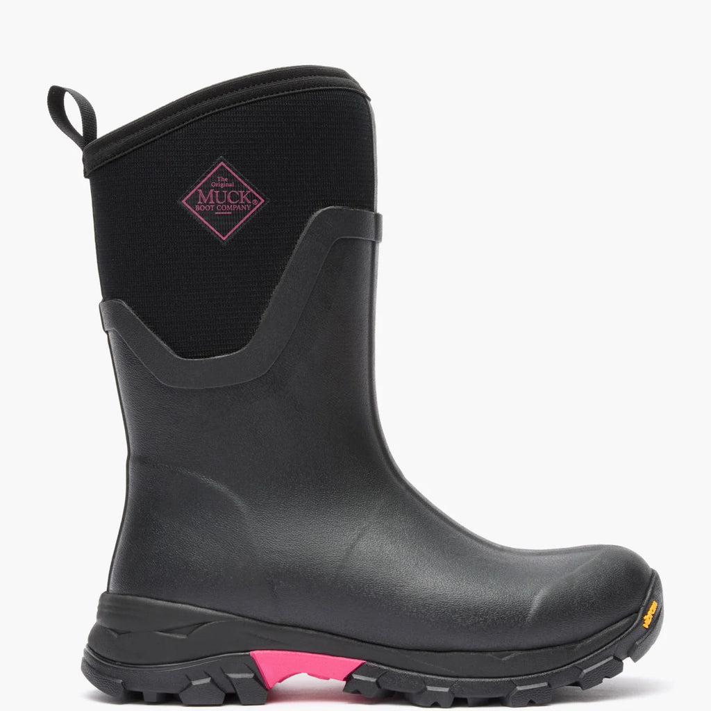 Muck women's Arctic Ice Mid boot in Black/Pink, outer side view with pink logo and sole accent
