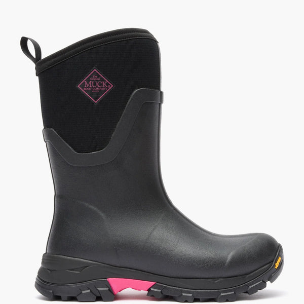 Muck women's Arctic Ice Mid boot in Black/Pink, outer side view with pink logo and sole accent
