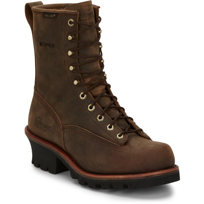 Angled boot: Chippewa Paladin 8-inch waterproof logger boot in Bay Apache brown, angled front view showing laces and raised heel.