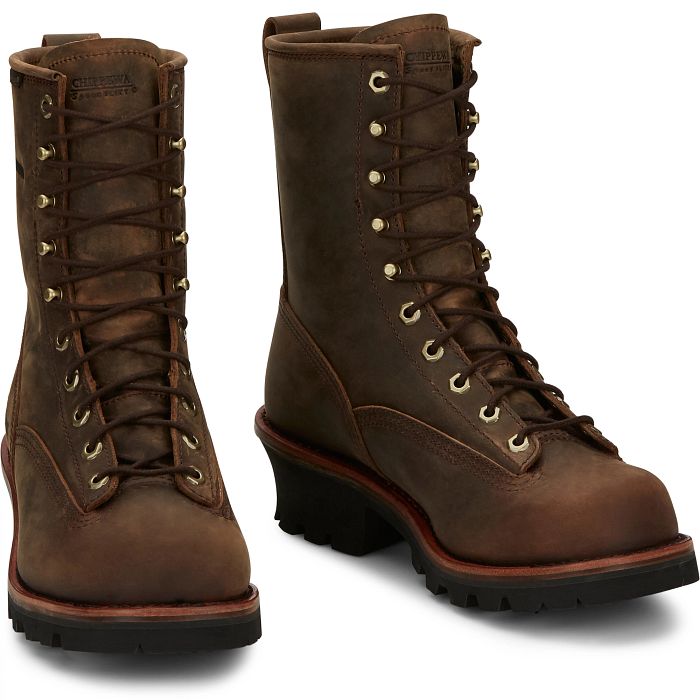 Pair of Chippewa Paladin 8-inch waterproof logger boots in Bay Apache brown, shown from front and angled views.