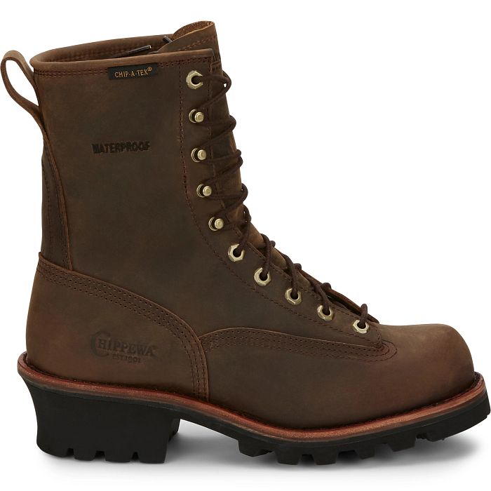 Side profile: Side profile of Chippewa Paladin Bay Apache brown logger boot, showing leather upper, raised heel and lug sole.