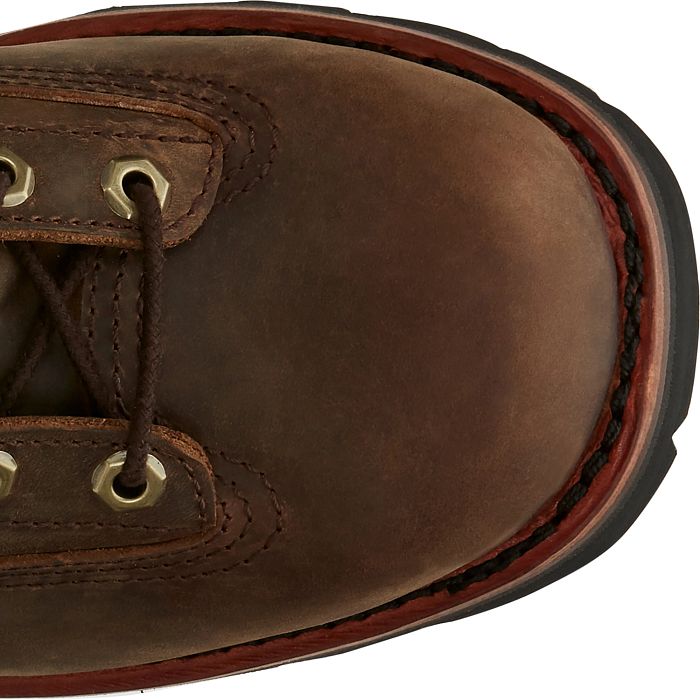 Toe close-up: Close-up of the brown leather toe, laces and welt stitching on the Chippewa Paladin logger boot.