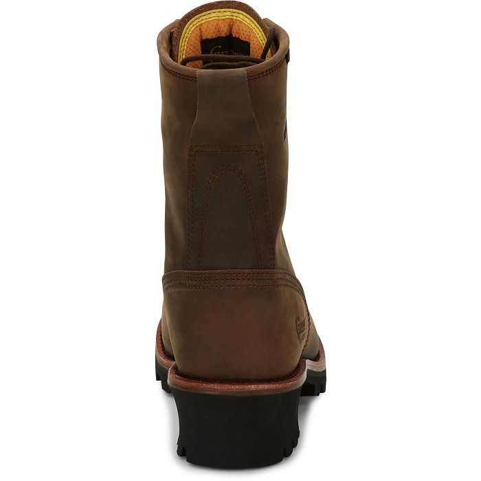 Rear view: Rear view of Chippewa Paladin 8-inch Bay Apache brown logger boot, showing pull loop, heel stitching and raised heel.