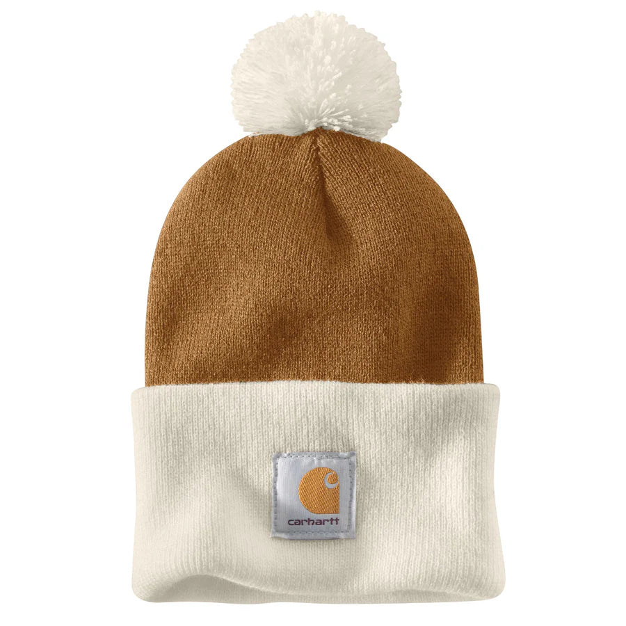Brown and white beanie with pom-pom and Carhartt logo 