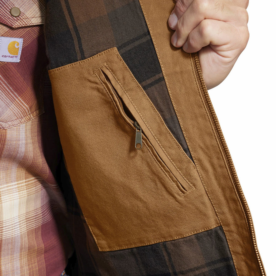 Close-up of a Carhartt vest with plaid lining 