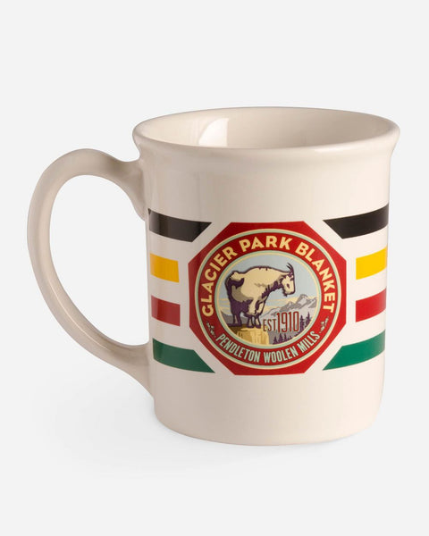 Pendleton Glacier Park White ceramic coffee mug with black, yellow, red and green stripes and a mountain goat emblem