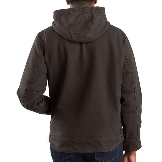 Back view of a model wearing the Carhartt Washed Duck Sierra Jacket 104392 in dark brown, showing the hood and back pleats